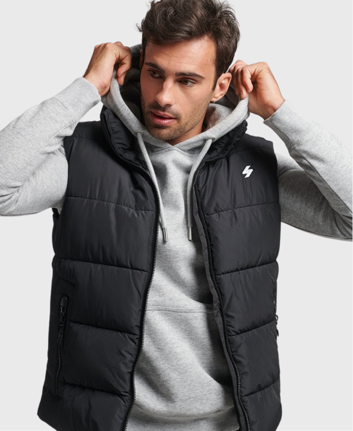 Sports puffer padded jacket with high neck and zip fastening, light grey,  Superdry